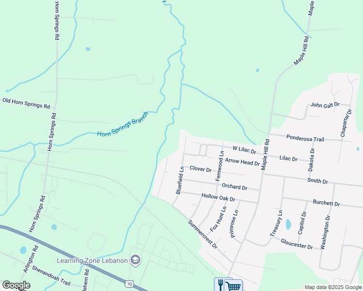 map of restaurants, bars, coffee shops, grocery stores, and more near 308 Bluefield Lane in Lebanon