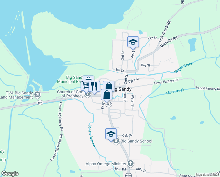 map of restaurants, bars, coffee shops, grocery stores, and more near Main Street in Big Sandy