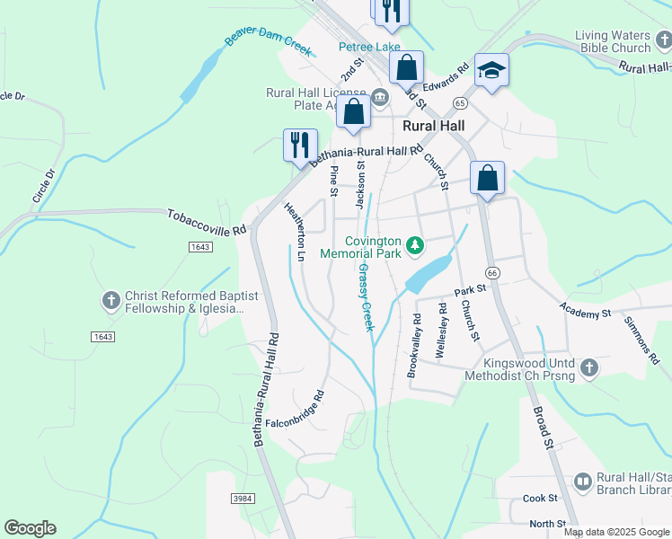 map of restaurants, bars, coffee shops, grocery stores, and more near 7647 Pine Street in Rural Hall