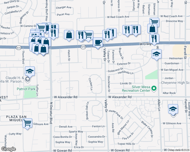 map of restaurants, bars, coffee shops, grocery stores, and more near 4325 Bob White Drive in North Las Vegas