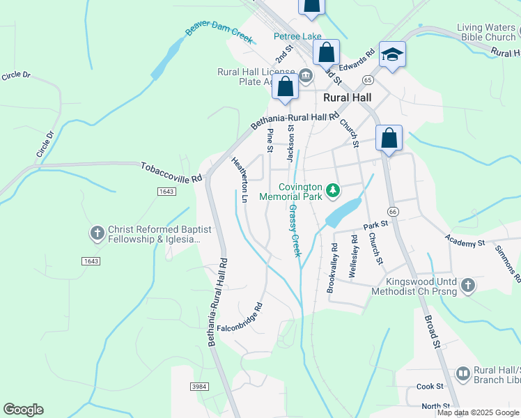 map of restaurants, bars, coffee shops, grocery stores, and more near 7638 Pine Street in Rural Hall