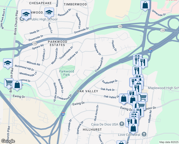 map of restaurants, bars, coffee shops, grocery stores, and more near 3301 Creekwood Drive in Nashville