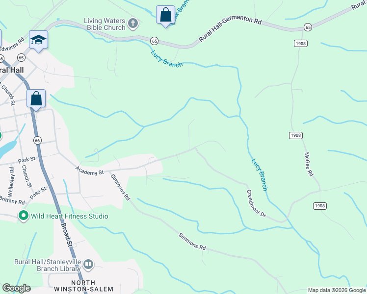 map of restaurants, bars, coffee shops, grocery stores, and more near 705 Academy Street in Rural Hall