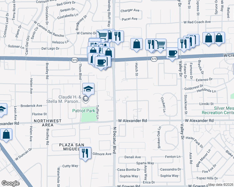 map of restaurants, bars, coffee shops, grocery stores, and more near 2 West San Miguel Avenue in North Las Vegas