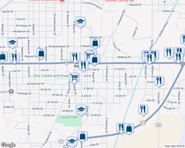 map of restaurants, bars, coffee shops, grocery stores, and more near 301-399 East 2nd Street in Kennett