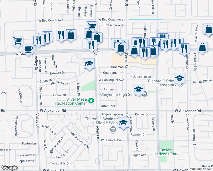 map of restaurants, bars, coffee shops, grocery stores, and more near 3513 Odlum Point Lane in North Las Vegas