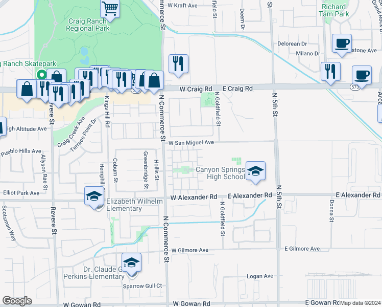 map of restaurants, bars, coffee shops, grocery stores, and more near 4138 Friendship Court in North Las Vegas