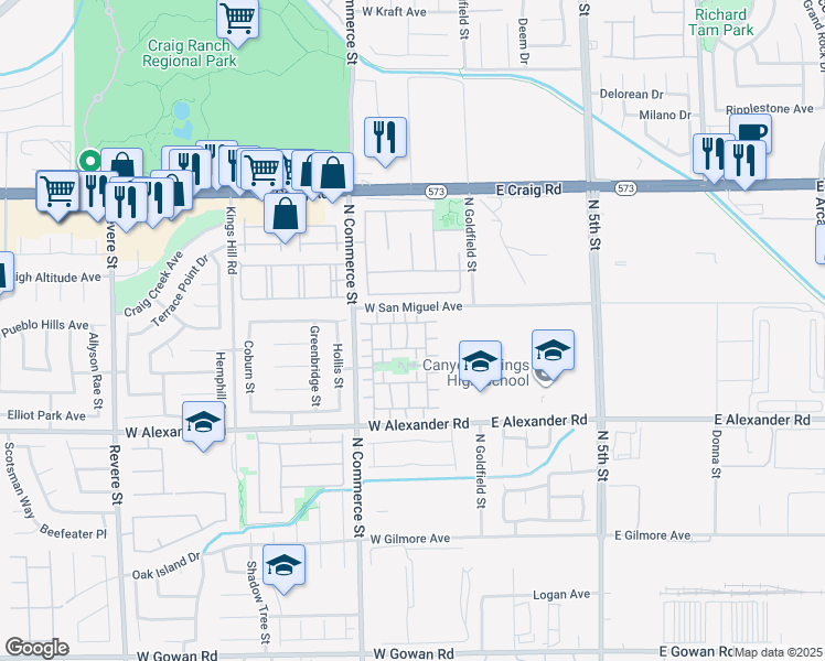 map of restaurants, bars, coffee shops, grocery stores, and more near 4138 Friendship Court in North Las Vegas