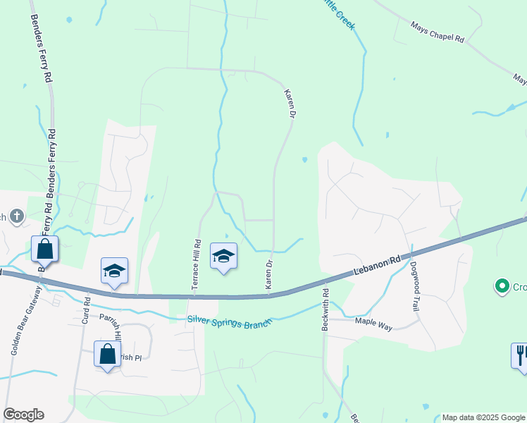map of restaurants, bars, coffee shops, grocery stores, and more near 645 Terrace Hill Road in Mt. Juliet