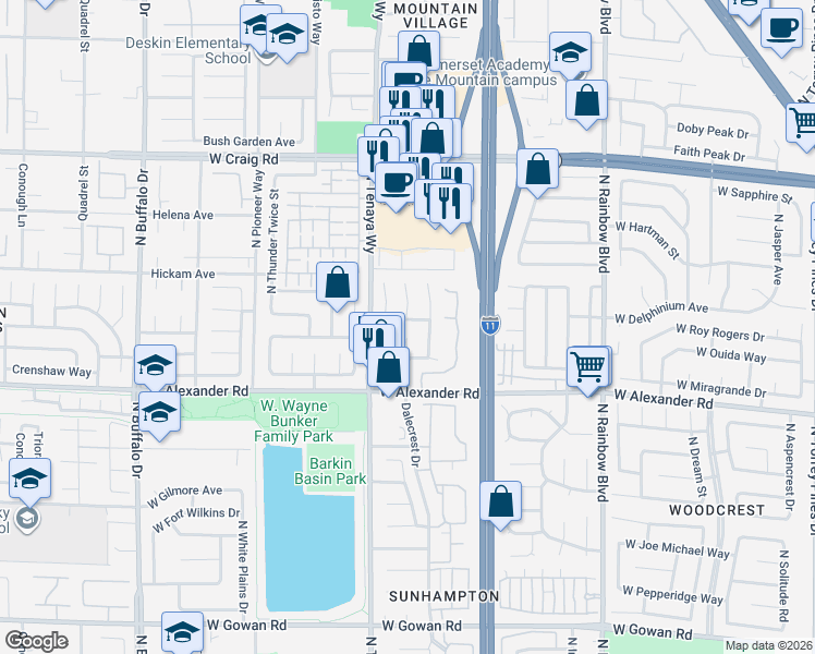 map of restaurants, bars, coffee shops, grocery stores, and more near Larkvale Way in Las Vegas