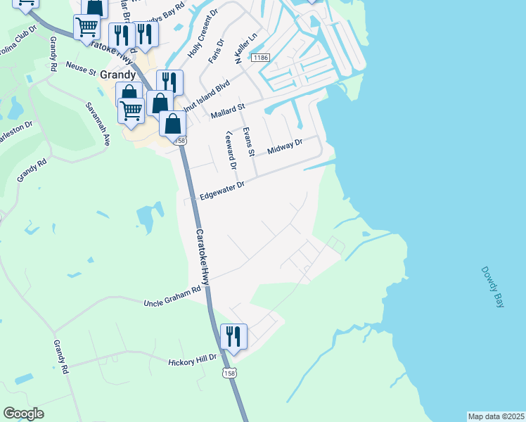 map of restaurants, bars, coffee shops, grocery stores, and more near 108 Benjamin Court in Grandy