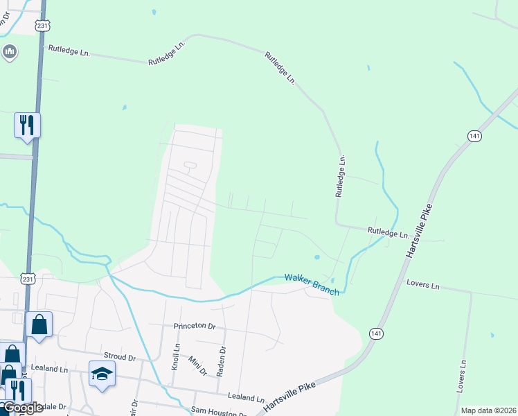map of restaurants, bars, coffee shops, grocery stores, and more near 1418 Rutledge Lane in Lebanon