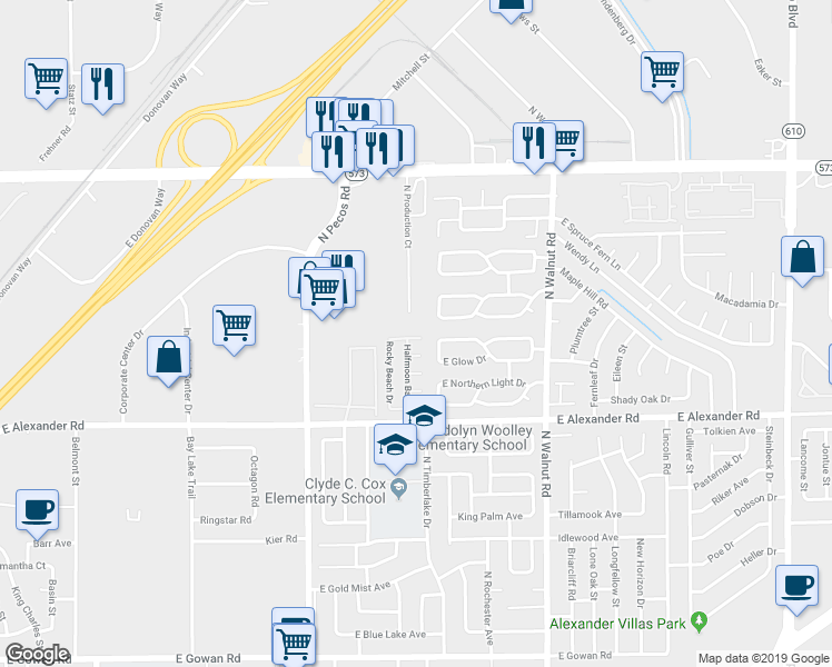 map of restaurants, bars, coffee shops, grocery stores, and more near 4201 North Production Court in Las Vegas