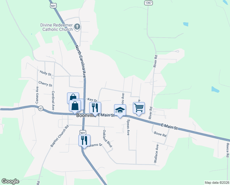 map of restaurants, bars, coffee shops, grocery stores, and more near 122 Spring Street in Boonville