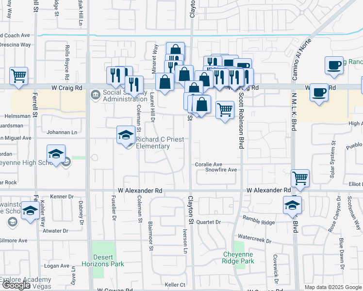 map of restaurants, bars, coffee shops, grocery stores, and more near 2012 Cool Water Circle in North Las Vegas