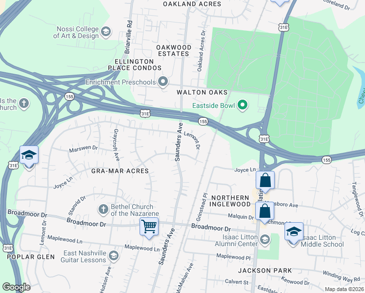 map of restaurants, bars, coffee shops, grocery stores, and more near 4504 Saunders Avenue in Nashville