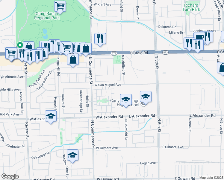 map of restaurants, bars, coffee shops, grocery stores, and more near 102 Restful Crest Avenue in North Las Vegas