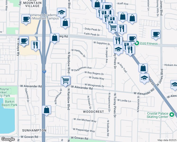 map of restaurants, bars, coffee shops, grocery stores, and more near 6544 West Roy Rogers Drive in Las Vegas