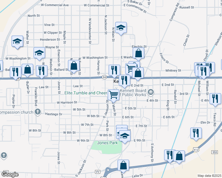 map of restaurants, bars, coffee shops, grocery stores, and more near 221 South Main Street in Kennett