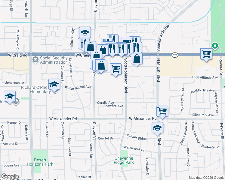 map of restaurants, bars, coffee shops, grocery stores, and more near 4145 Scott Robinson Boulevard in North Las Vegas