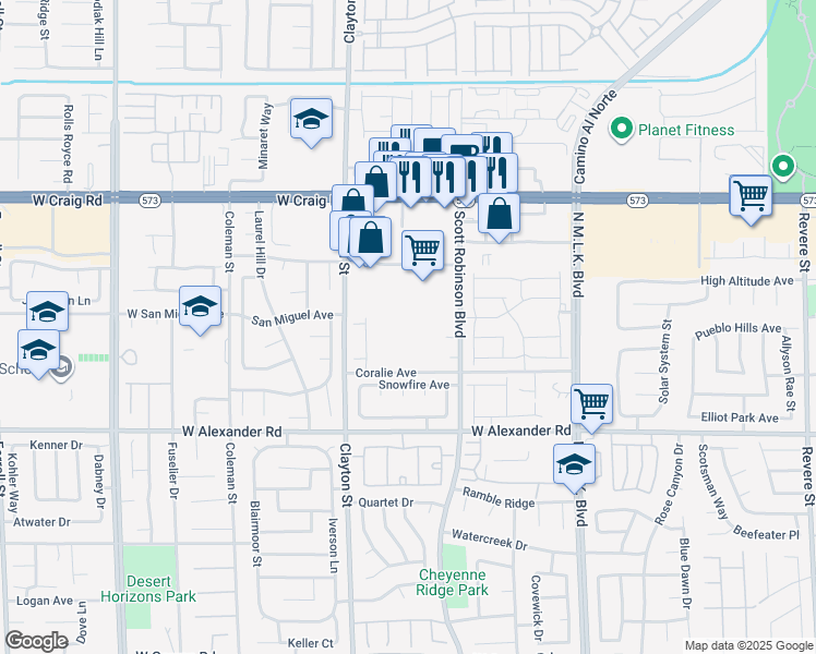 map of restaurants, bars, coffee shops, grocery stores, and more near 1807 West Craig Road in North Las Vegas