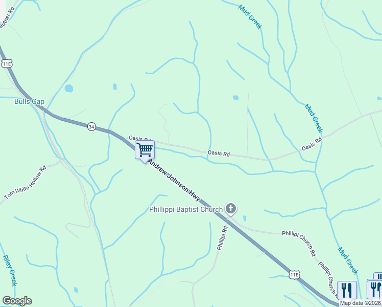 map of restaurants, bars, coffee shops, grocery stores, and more near 290 Oasis Road in Bulls Gap
