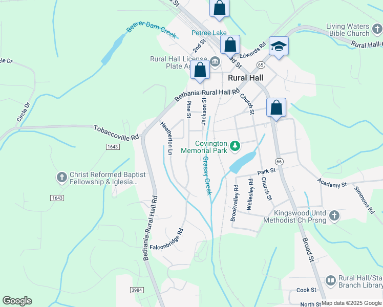 map of restaurants, bars, coffee shops, grocery stores, and more near 7647 Pine Street in Rural Hall