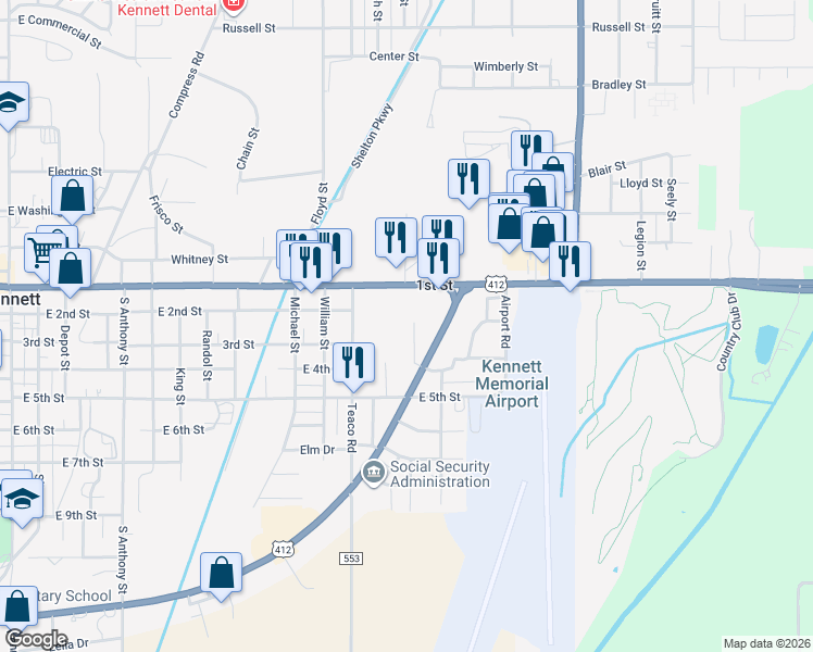map of restaurants, bars, coffee shops, grocery stores, and more near 214 Barbara Drive in Kennett