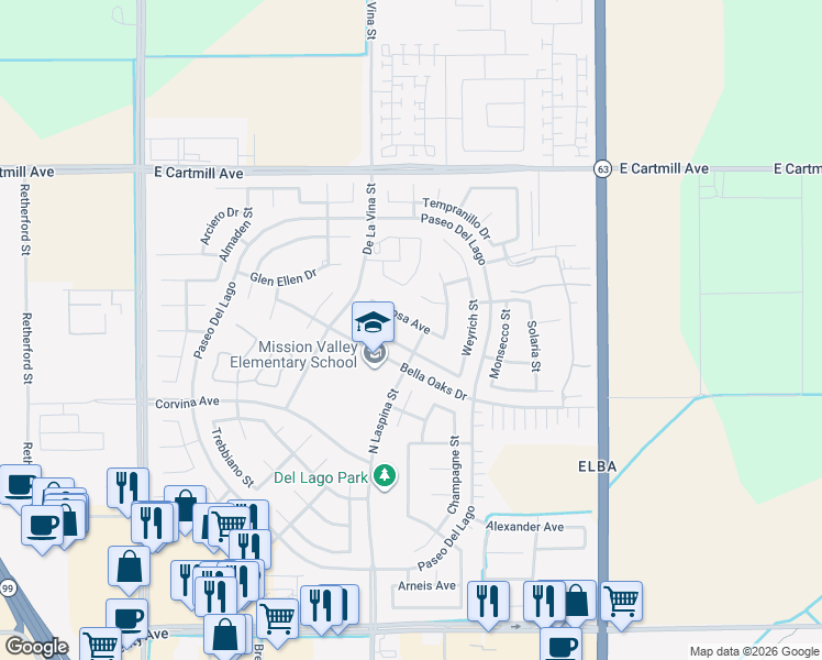 map of restaurants, bars, coffee shops, grocery stores, and more near 1775 Rosa Avenue in Tulare