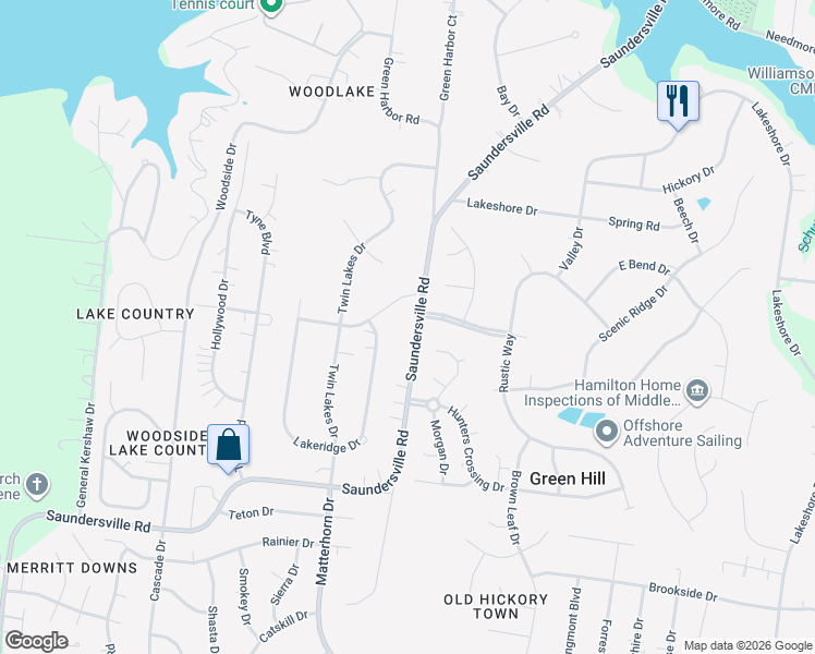 map of restaurants, bars, coffee shops, grocery stores, and more near 5033 Saundersville Road in Green Hill