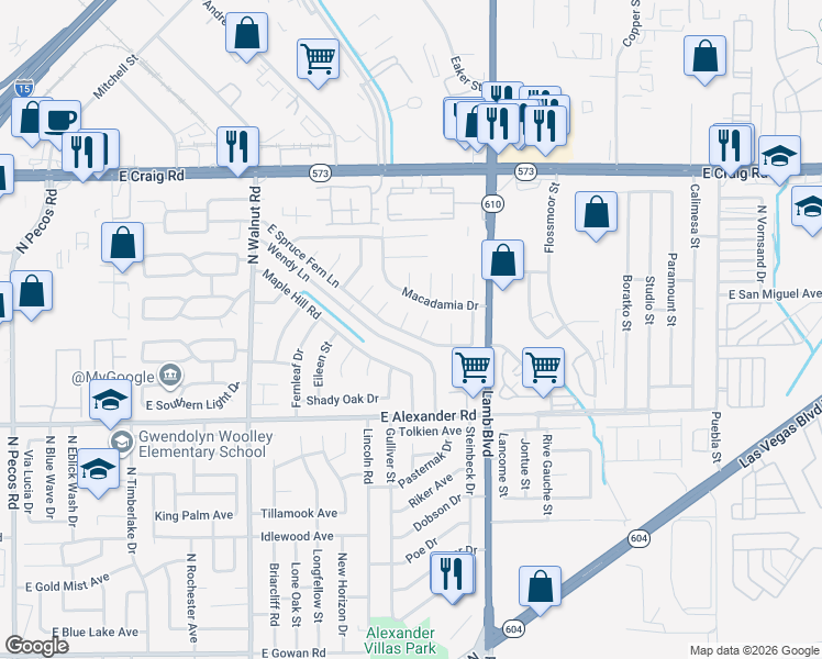 map of restaurants, bars, coffee shops, grocery stores, and more near 4162 East Spruce Fern Lane in Las Vegas