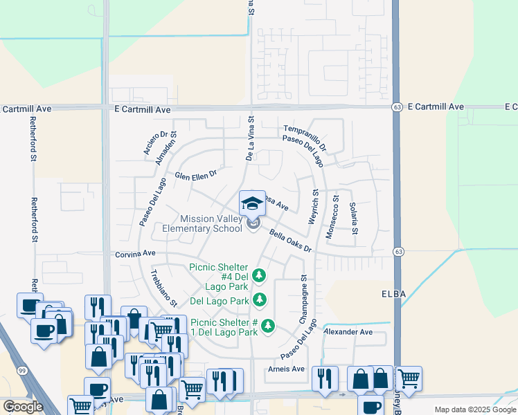 map of restaurants, bars, coffee shops, grocery stores, and more near 1722 Charles Krug Avenue in Tulare