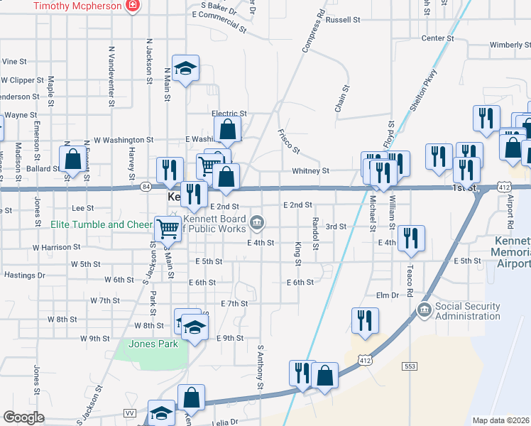 map of restaurants, bars, coffee shops, grocery stores, and more near 202 South Anthony Street in Kennett