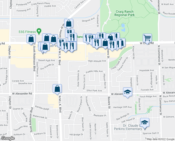 map of restaurants, bars, coffee shops, grocery stores, and more near 1120 Pueblo Hills Avenue in North Las Vegas