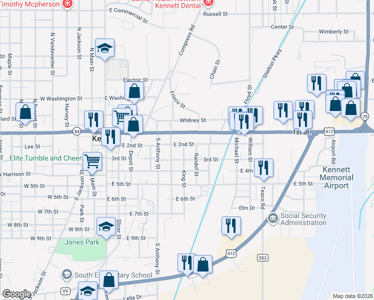 map of restaurants, bars, coffee shops, grocery stores, and more near 201-299 Randol Street in Kennett