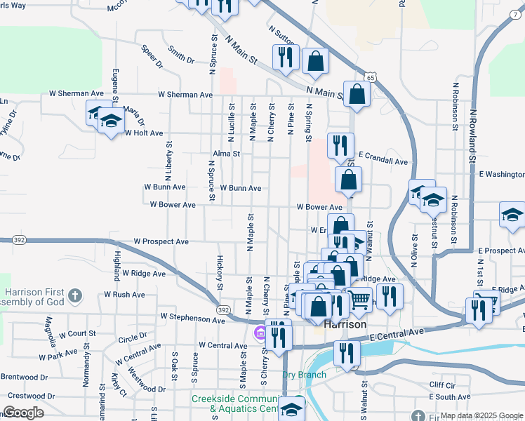 map of restaurants, bars, coffee shops, grocery stores, and more near 524 North Cherry Street in Harrison