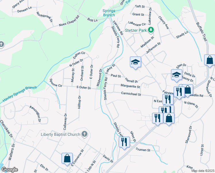 map of restaurants, bars, coffee shops, grocery stores, and more near 1934 Shields Ferry Road in Morristown
