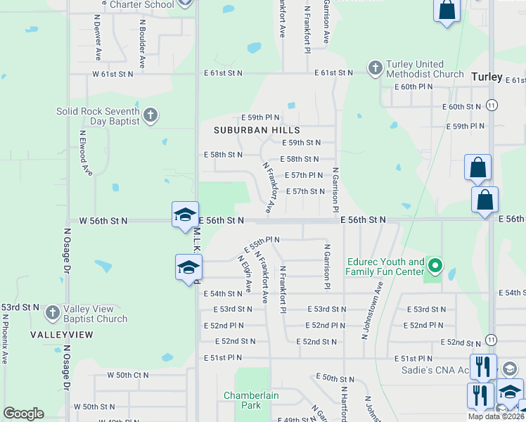 map of restaurants, bars, coffee shops, grocery stores, and more near 5612 North Frankfort Avenue in Tulsa