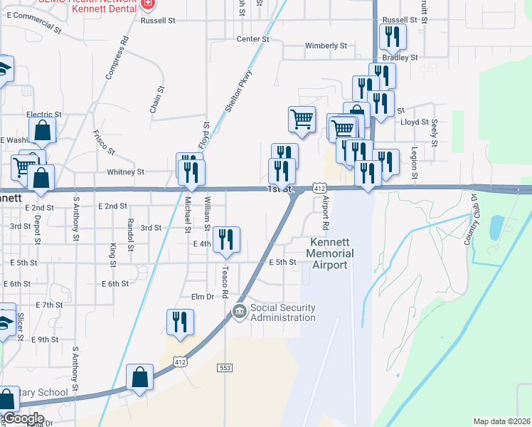 map of restaurants, bars, coffee shops, grocery stores, and more near 214 Barbara Drive in Kennett