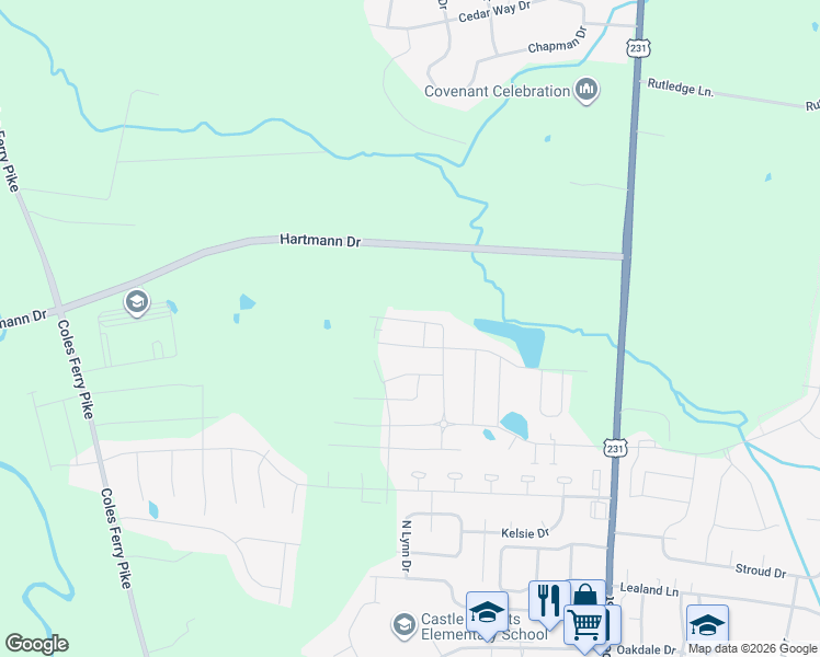 map of restaurants, bars, coffee shops, grocery stores, and more near 1500 Hunters Point Pike in Lebanon