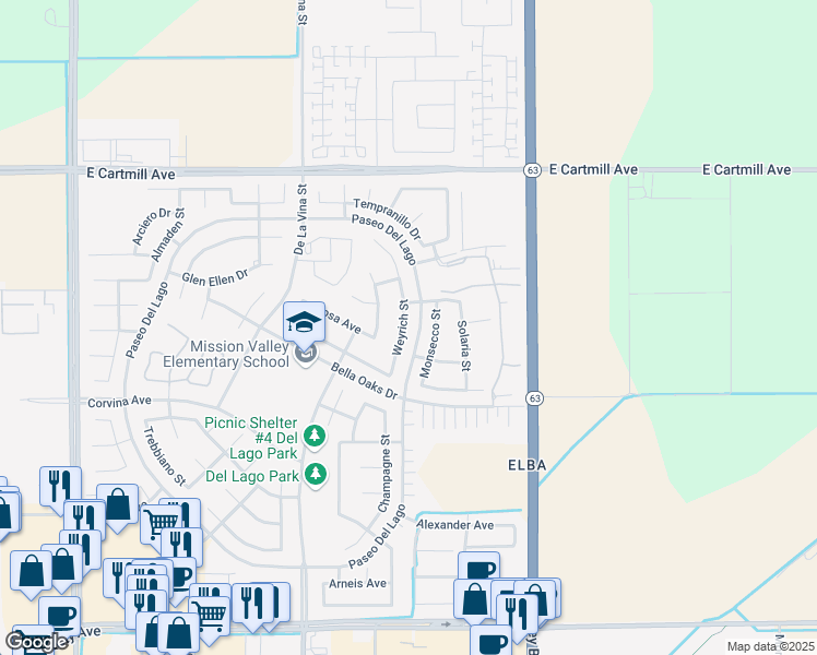 map of restaurants, bars, coffee shops, grocery stores, and more near 1972 Weyrich Street in Tulare