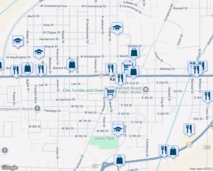 map of restaurants, bars, coffee shops, grocery stores, and more near 221 South Main Street in Kennett