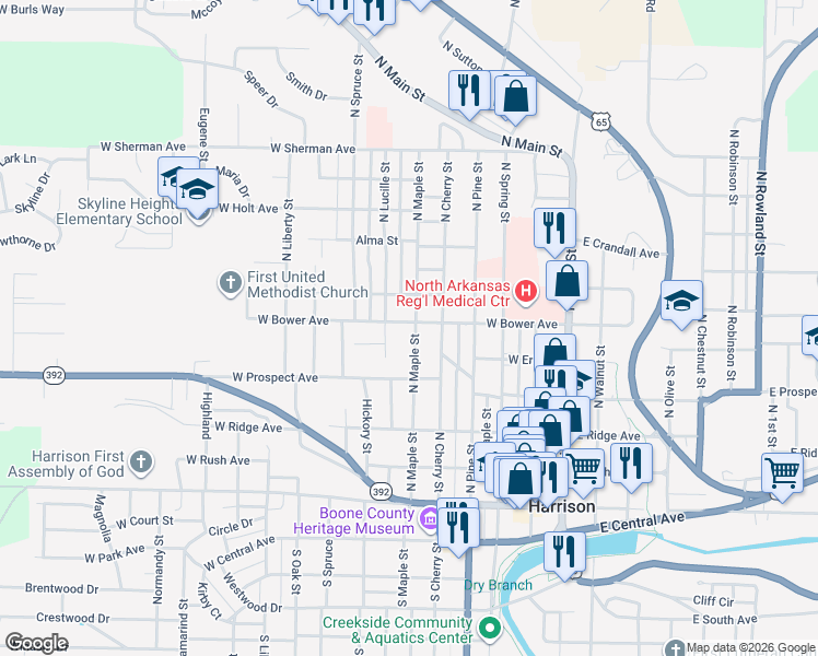 map of restaurants, bars, coffee shops, grocery stores, and more near 524 North Maple Street in Harrison