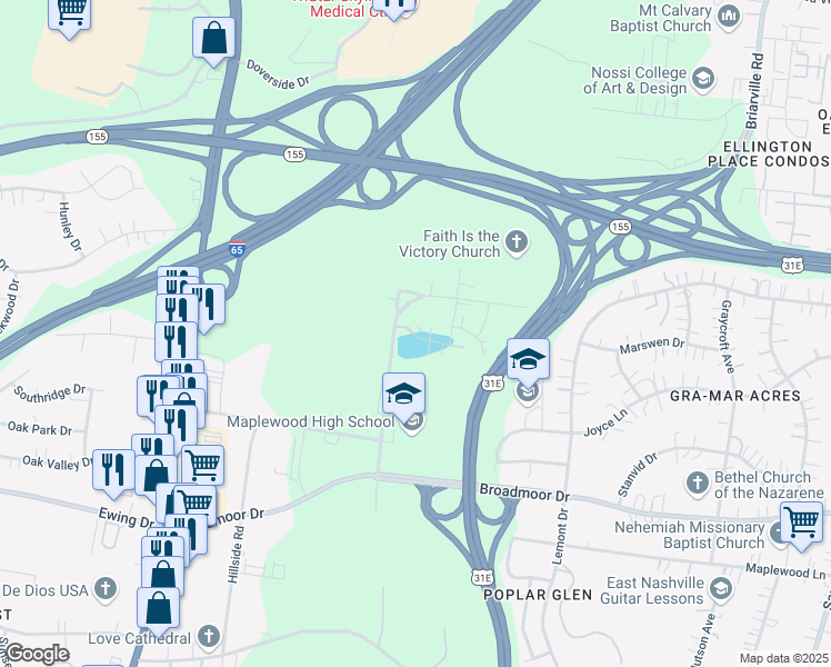 map of restaurants, bars, coffee shops, grocery stores, and more near 309 East Village Lane in Nashville