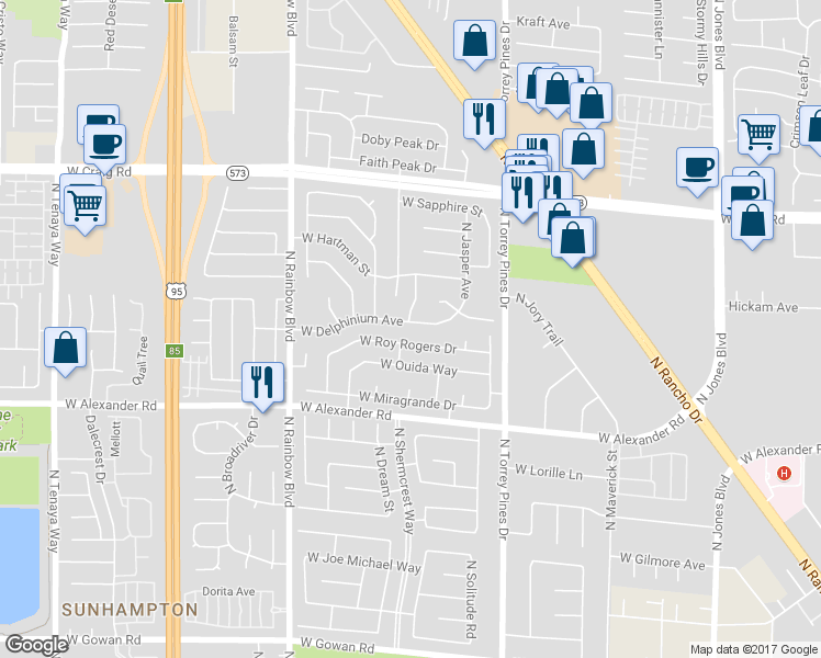 map of restaurants, bars, coffee shops, grocery stores, and more near 6509 West Delphinium Avenue in Las Vegas