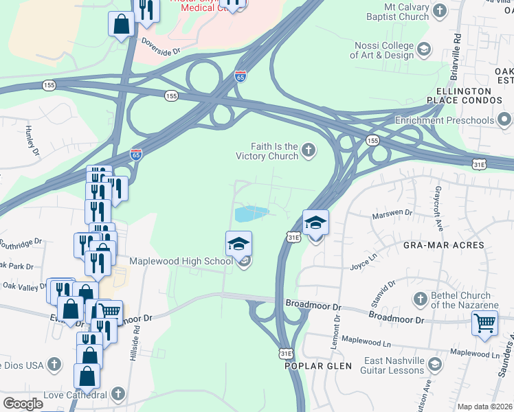 map of restaurants, bars, coffee shops, grocery stores, and more near 309 East Village Lane in Nashville