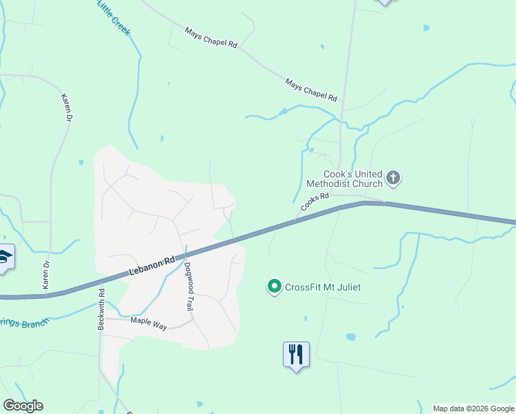 map of restaurants, bars, coffee shops, grocery stores, and more near 11 Cooks Road in Mt. Juliet