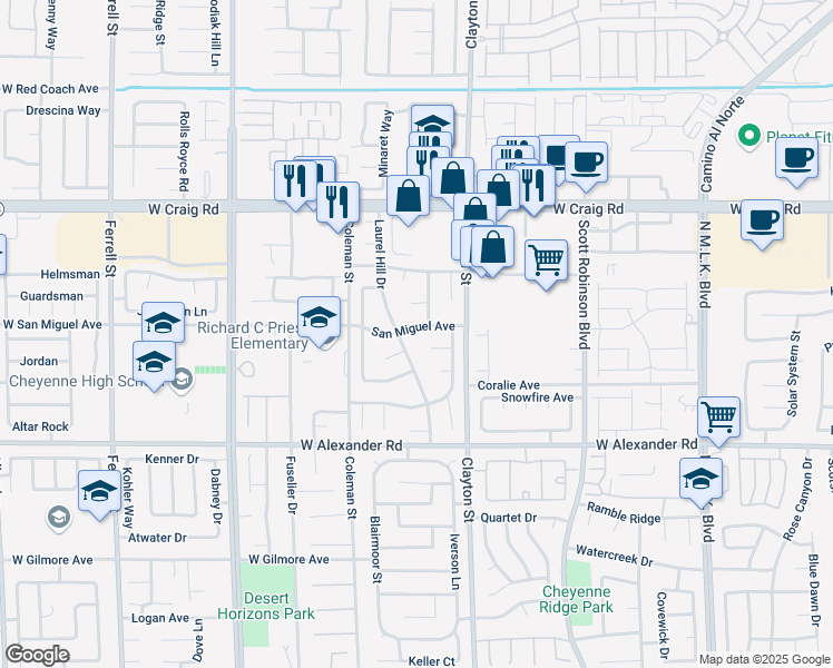 map of restaurants, bars, coffee shops, grocery stores, and more near 2109 West San Miguel Avenue in North Las Vegas