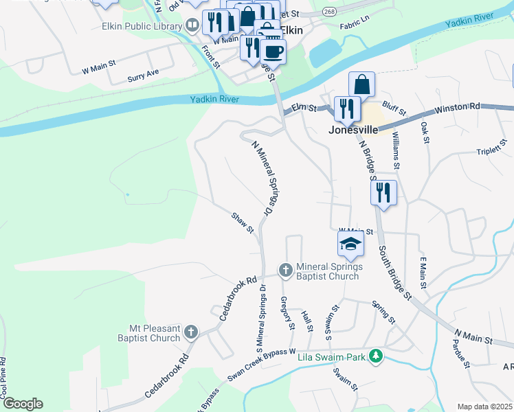map of restaurants, bars, coffee shops, grocery stores, and more near 107 Pinnix Street in Jonesville