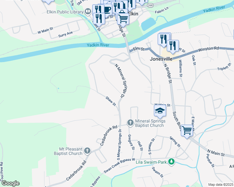 map of restaurants, bars, coffee shops, grocery stores, and more near 107 Pinnix Street in Jonesville